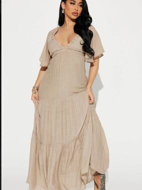 Fashion Nova Light Taupe Maxi Dress with V-Neck and Flutter Sleeves-NWT!